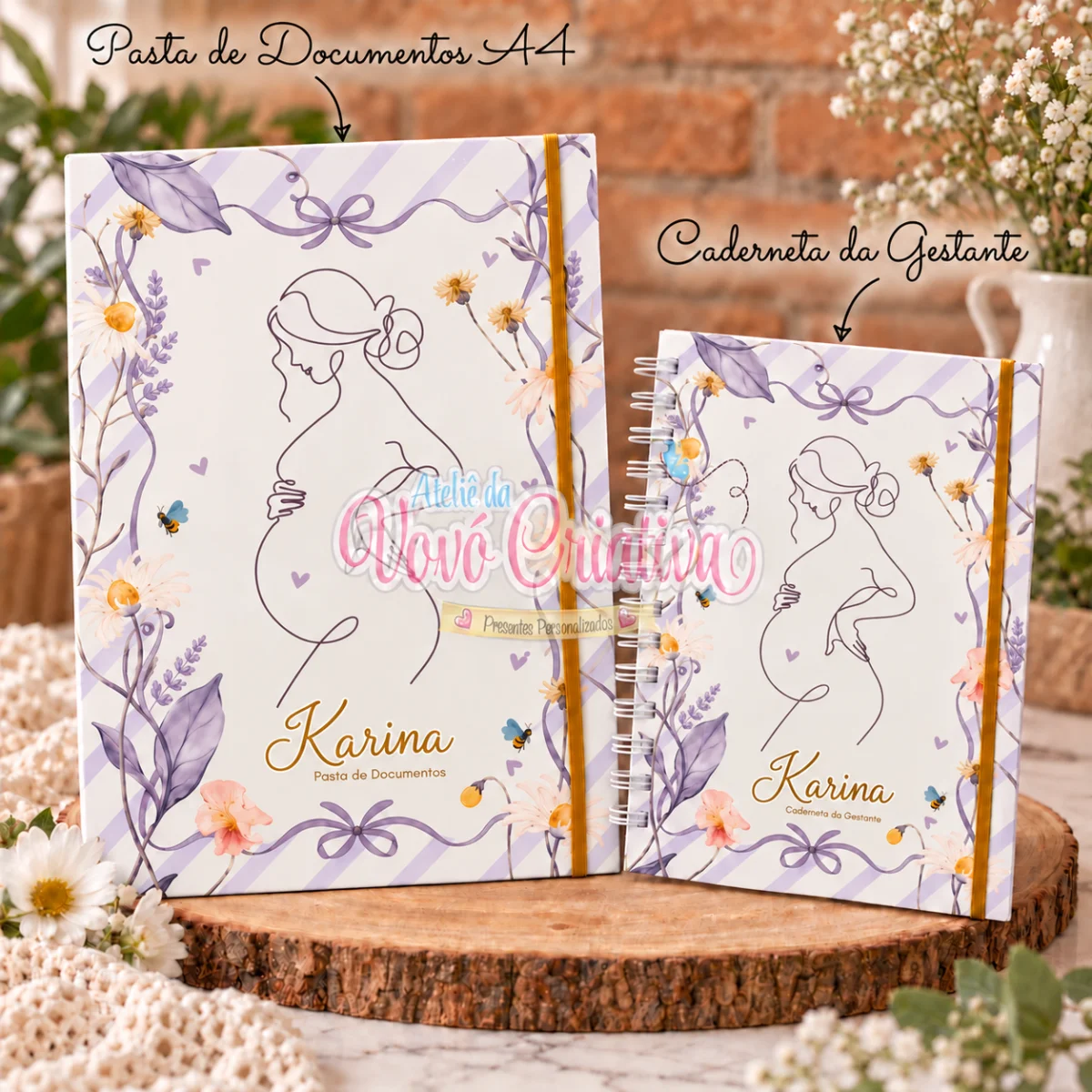 Kit Gestante personalizado - Pasta A4 Cartonada + Caderneta da Gestante - Lavanda