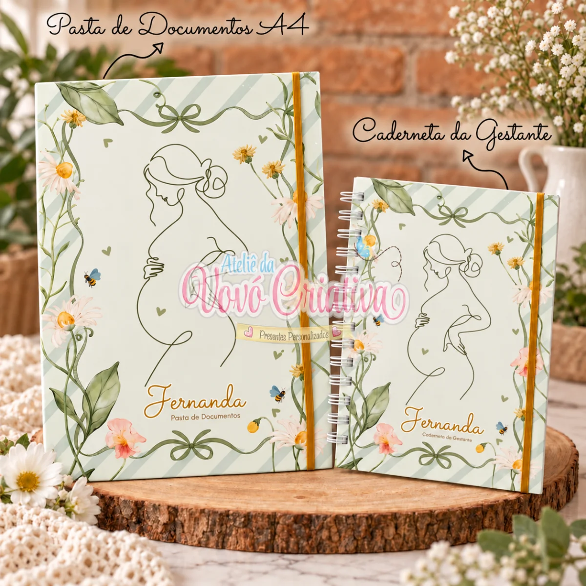 Kit Gestante Personalizado – Pasta A4 Cartonada + Caderneta da Gestante - Verde