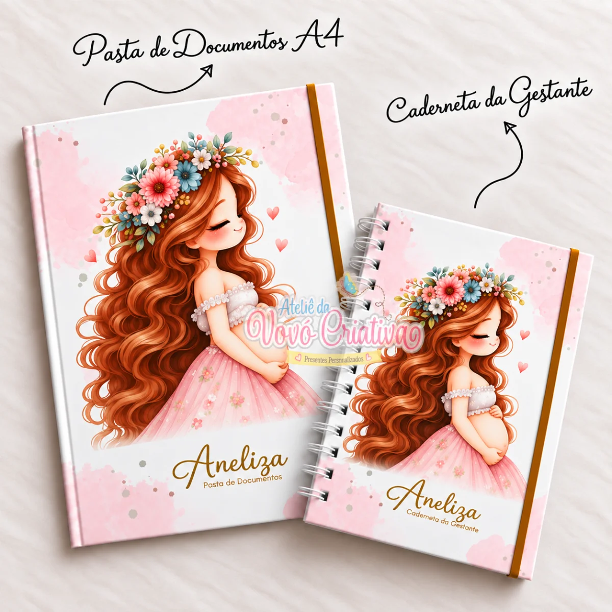 Kit Gestante Personalizado – Pasta A4 Cartonada + Caderneta da Gestante- Ruiva