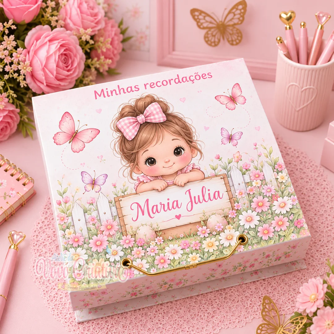 Caixinha da Lembrança do Bebê Personalizada – Tema Borboletas no Jardim